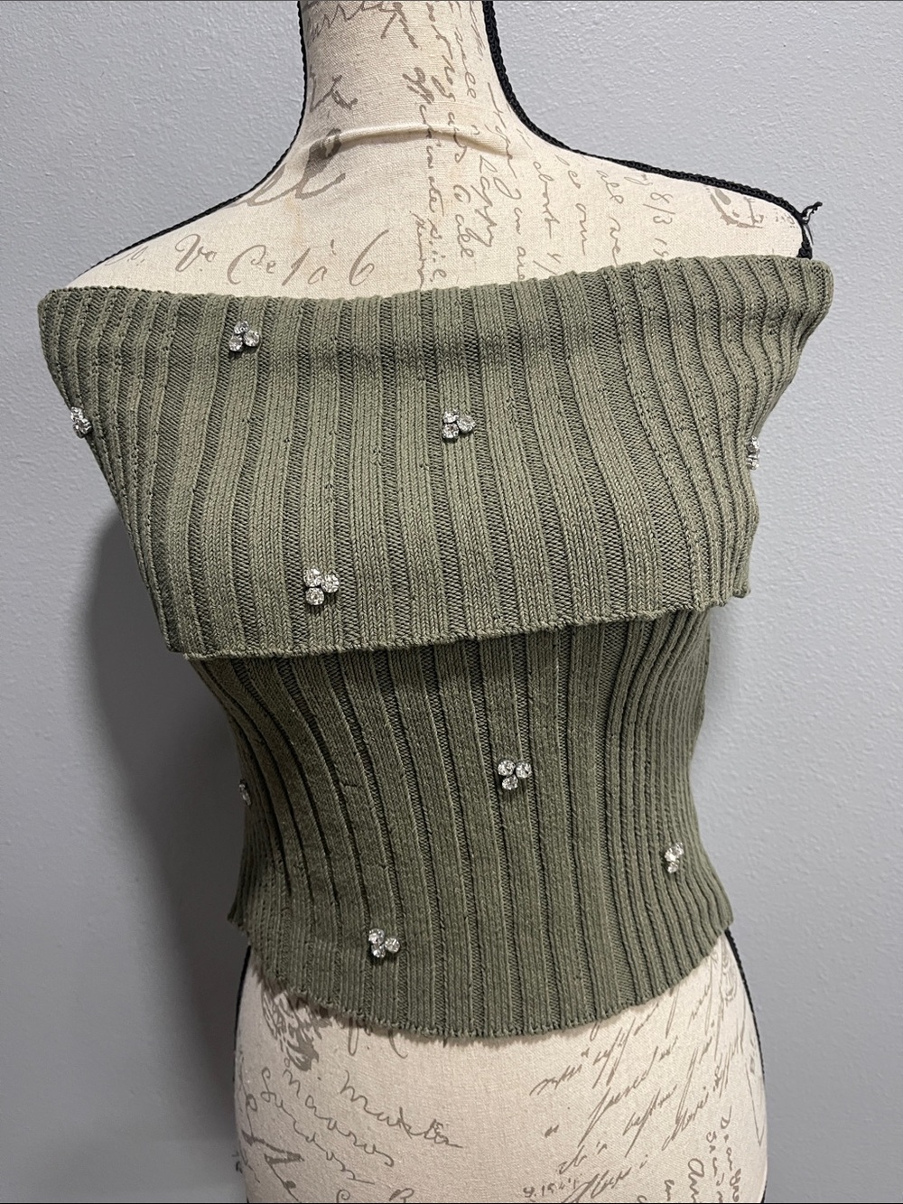 Zara Olive Ribbed Off-Shoulder Sweater with Crystal Flowers